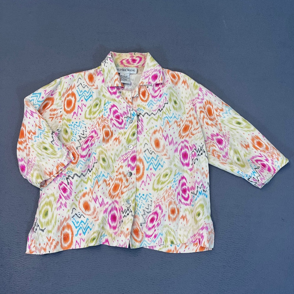 Galinda Wang Womens 10 Silk Button Front Blouse Multi Color Ikat Abstract Print